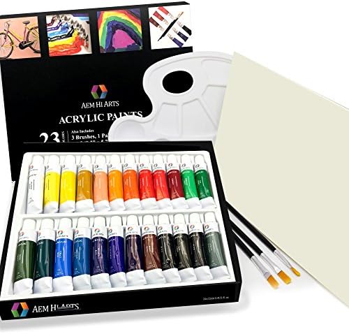 Acrylic Paint Set - by AEM Hi Arts - 24 Tube Art Kit Includes Colorful Acrylic Paints, Brushes, Canvas, and Palette - Portable, Small and Washable, Great for Kids and Professional Artists