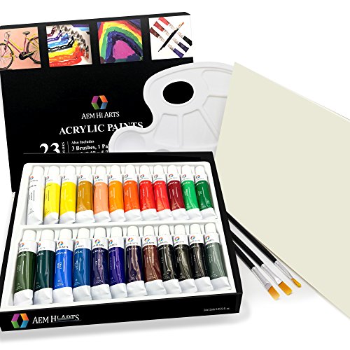 AEM Hi Arts Acrylic Paint Set 24 Tube Art Kit Includes Colorful Acrylic Paints, Brushes, Canvas, and Palette - Portable, Small and Washable, Great for Kids and Professional Artists