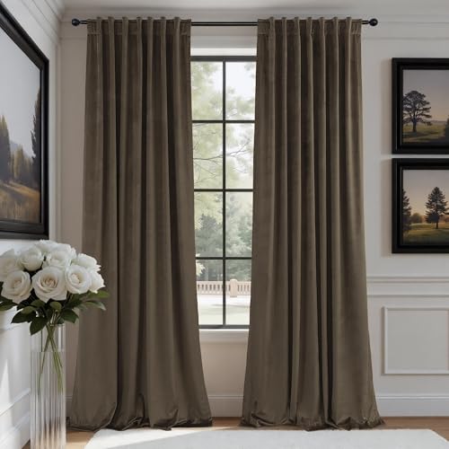 Image of Dark Brown Velvet Curtains for Living Room 96 Inch Long 2 Panels Soundproof Mid Century Modern Rustic Neutral Earth Tone Decorative Window Drapes for Bedroom Sliding Door Cottage Core Decor 96 Length