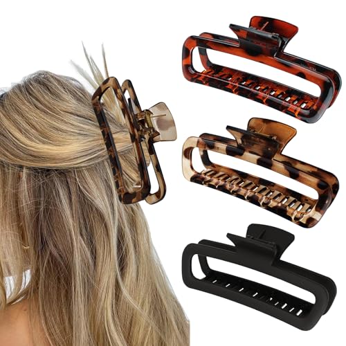 Hair Claw Clips Plastic 5.1 Inch Large Unbreakable Glossy Rectangle Square Strong Hold Jaw Clips Neutral Colors XL for Women Thin Thick Long Curly Hair - 3 Pack