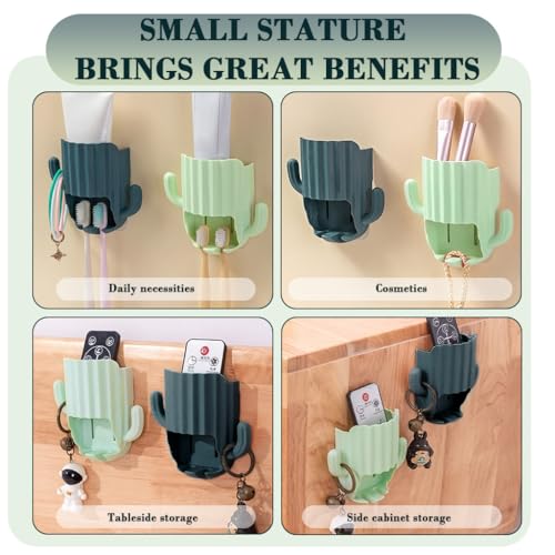 Image of HASTHIP 2Pcs Bathroom Toothbrush Holder, Self-Adhesive Toothpaste Holder, Toothbrush Holders for Bathroom Wall, Dual Toothbrush Slots, Cartoon Cactus Toothpaste Storage Holder, Green & Blue