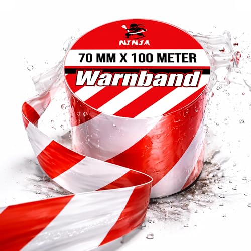 NINJA DIY - Absperrband - Markierungsband Rot Weiß aus Polyethylen für Gefahrstellen Warnband nicht klebend- 70mm x 100 Meter Doppelseitig bedruckt Reißfest