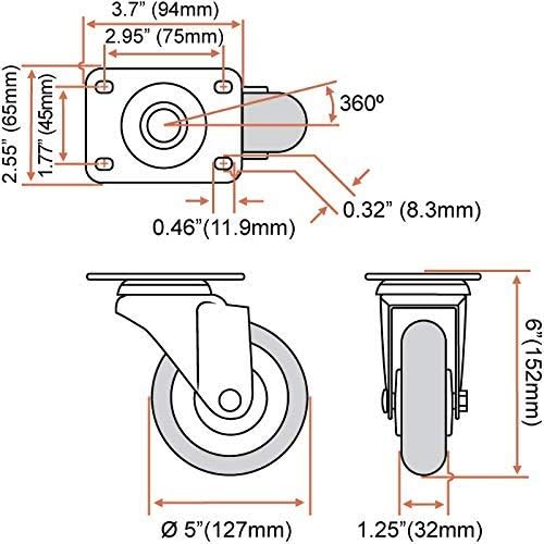 8 Pack 5 Inch Combo Caster Swivel Plate 4 w/Brake & 4 Plate Heavy Duty on Red PU Wheels with Heavy Duty Screws