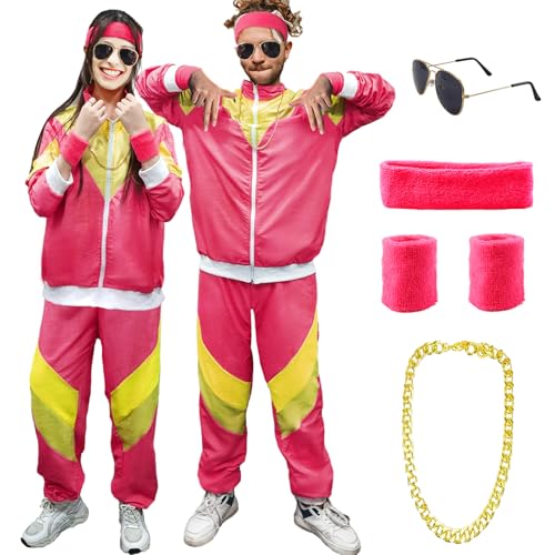 90er 80er Jahre Kostüm Erwachsene, Retro Trainingsanzug für Männer Frauen, Retro Jogginganzug mit Stirnband Armbänder Brille, 80er 90er Kostuem Anzug Paare Bad Taste Outfit für Karneval 90er 80er Jahre Kostüm Erwachsene, Retro Trainingsanzug für Männer Frauen, Retro Jogginganzug mit Stirnband Armbänder Brille, 80er 90er Kostuem Anzug Paare Bad Taste Outfit für Karneval