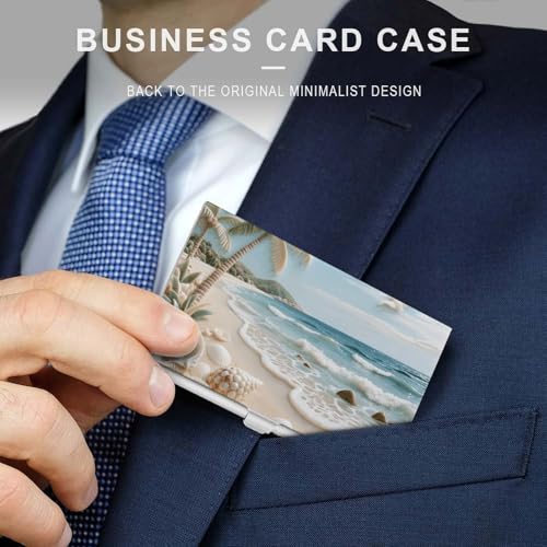 Slim Business Card Case for Men & Women, Pocket Metal Case, Shell - Carving Beach Professional Aluminum Alloy Business Card Holders, Stylish Purse Name Cards Holder, Buckle Style Shut3