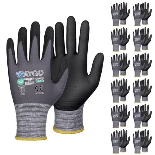 KAYGO Safety Work Gloves MicroFoam Nitrile Coated, 12 Pairs KG18NB,Seamless Knit Nylon Glove for Men and Women, Ideal for Automotive,Warehouse,Construction (Large,Gray)