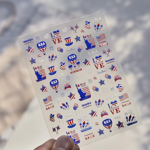 Image of Independence Day Nail Art Stickers Statue of Liberty Nail Stickers Red Blue Nail Art Decals 5D Embossed Self Adhesive with Firework Design for Women Girls Kid Manicure Supply Decoration Accessories
