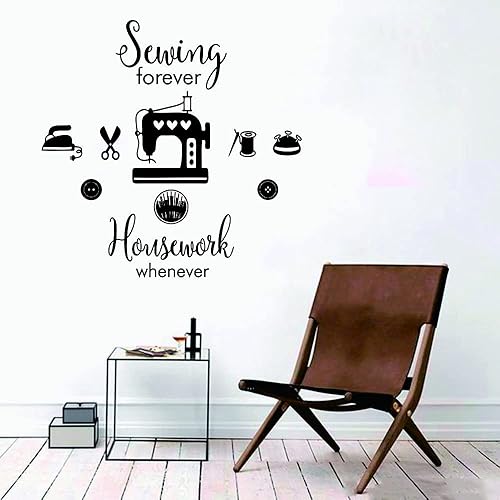 Miniatura 3 de ANFRJJI Adhesivo de pared de sastre de costura, adhesivo de PVC extraíble con cita "Sewing Forever Housework Whenever" y gráfico de tijeras de