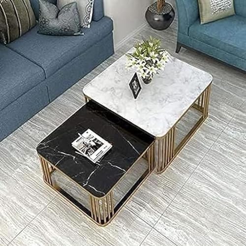 Image of Two-Piece Marble Look Coffee Table Set, top end Side Table, Metal Frame Cocktail Table, Nesting Tea Table, and Home Furniture Size for Living Rooms (White & Black)