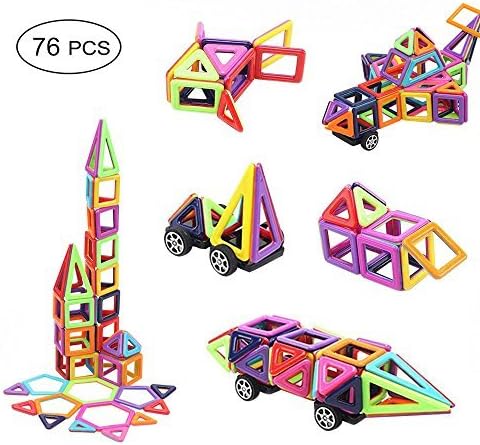 Magnetic Tiles Building Blocks Set, 76 PCS Creative STEM Preschool Educational Construction Kit 3D Magnet Stacking Toys for Kids Toddlers Children with Storage Bag