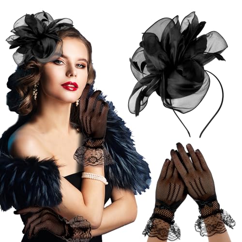 Sibba Tea Party Hat with Lace Gloves 1920s Vintage Fascinator Hats Cocktail Flower Headpiece for Women Girl Black Wedding Ribbons Feather Hair Clip Pillbox Fascinators Hat Church Banquet Cosplay Party