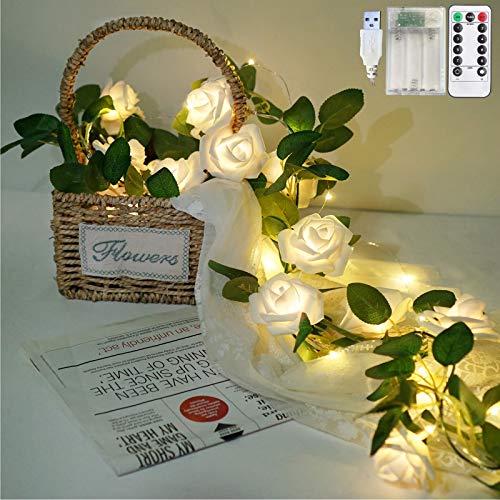 Rose String Lights Battery Powered or USB Powered with Remote Control, Rose Fairy Lights Waterproof for Bedroom (White, 6.6)
