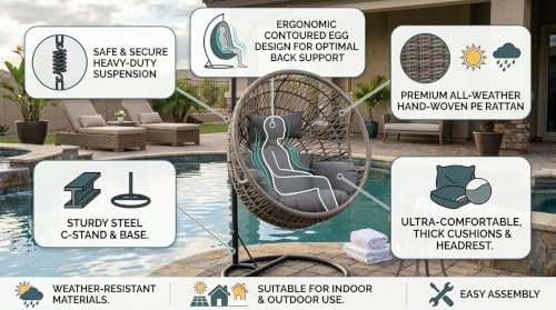 Image of UNIVERSAL FURNITURE Hanging Egg Swing Chair with Stand, Woven Wicker Rattan Style Swing with Cushion, Freestanding Indoor Outdoor Hanging Chair for Patio, Balcony, Garden & Porch (Beige & Grey)