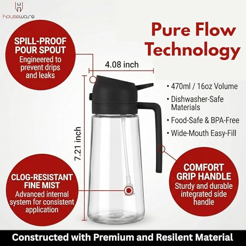 Image of H Houseware 2-in-1 Oil Dispenser Bottle and Sprayer | 520ml Kitchen Oil Spray Pump With Pour Spout Glass Bottle | Refillable Leakproof Cooking Sprayer for Healthy Cooking and Salad Making