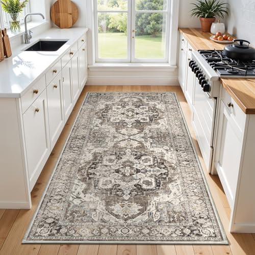 YOUFORTONG 3x6 Washable Kitchen Runner: Soft Hallway Runners Non-Slip Floor Mat with Rubber Backing for Bedroom Entryway Indoor Vintage Carpet Runner (Beige/Brown/Grey, 3x6)