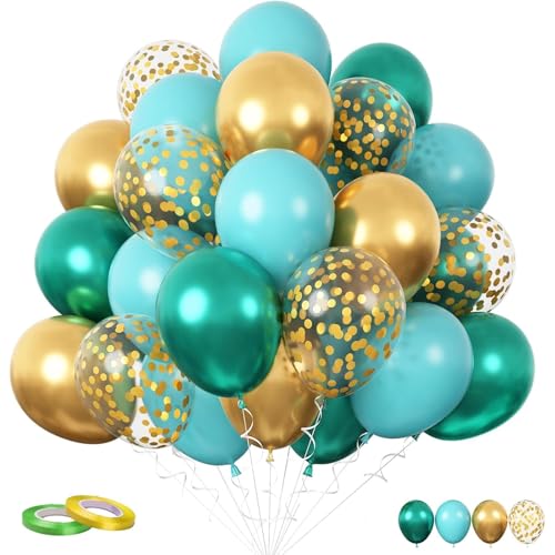 Image of Teal and Gold Balloons, 60PCS Gold Turquoise Balloons Set, 12 Inch Metallic Green Gold Confetti Balloon Teal Blue White Latex Balloon for Wedding Birthday Baby Shower Summer Party Decor
