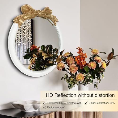Antique Bow Round 26x26 inch Wall Mirror, White and Gold Bow Frame Circle Mirror for Wall Decor for Bathroom Sink, Living Room, Hallway & Bedroom - Image 6