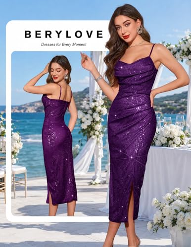 Image of BeryLove Summer Sequin Cocktail Prom Wedding Guest Dresses Sparkly Party Evening Formal Spaghetti Strap Dress