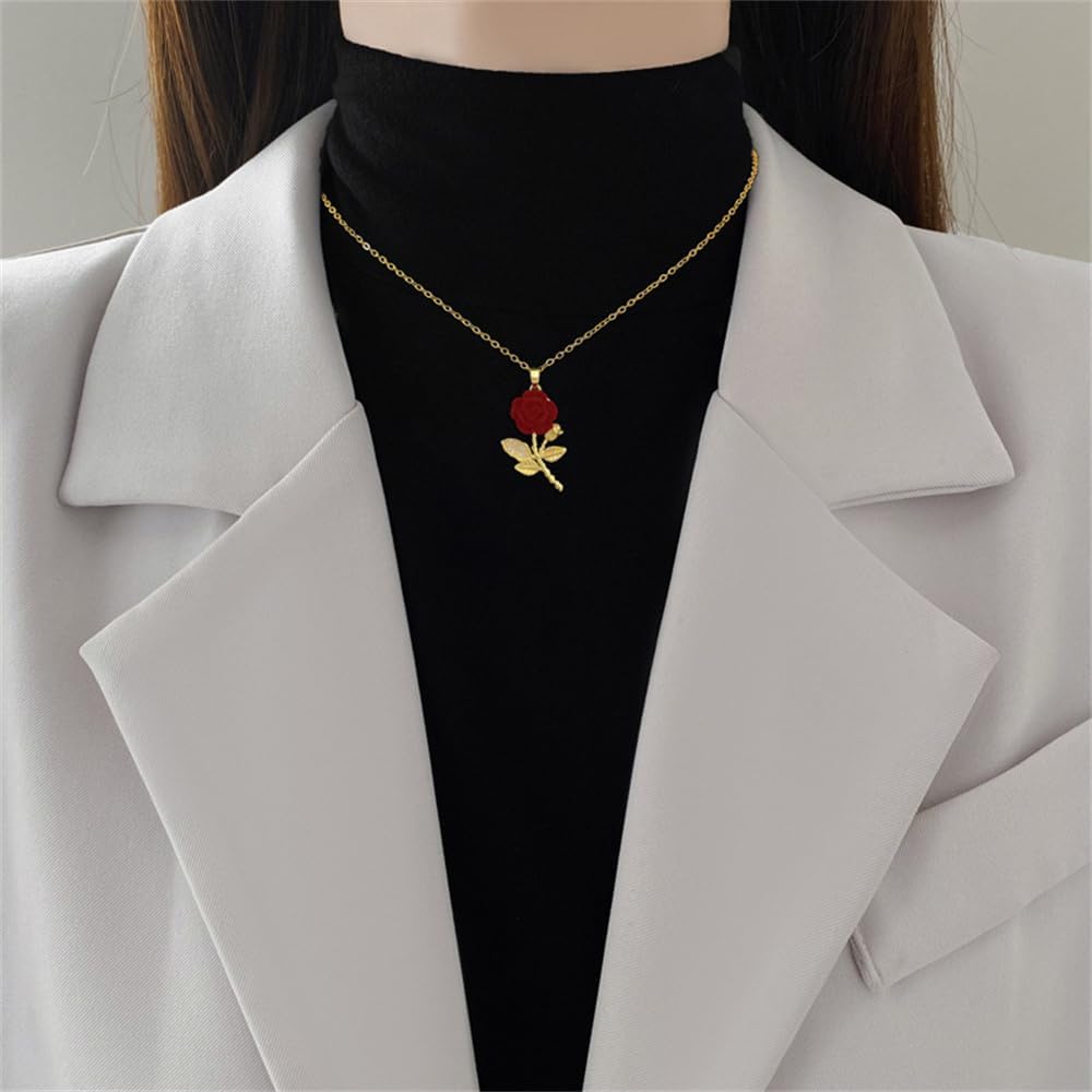 Red Velvet Rose Flower Pendant Necklace for Women 14K Gold Plated Stainless Steel Crystal Leaf Blossom Charms Choker Chain Adjustable Necklaces Dainty Anniversary Wedding Birthday Jewelry 18" - Image 3