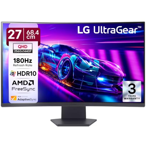 Image of LG 27GS60QC 68.4cm (27 Inch) Ultragear Curved (1000R) QHD (2560x1440) Gaming Monitor, 180Hz, 1ms, 3-Side Virtually Borderless, Anti-Glare, DP, HDMI X 2, HP Out, AMD FreeSync, Tilt Adjustment (Black)