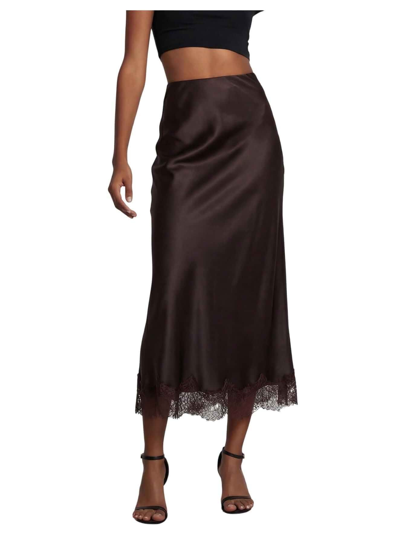 WDIRARA Women's High Waisted Lace Trim Satin Long Skirt A Line Flowy Slip Skirts