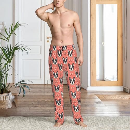 Mens Pajama Pants - Pink Bow French Bulldog Print Soft Sleep Lounge Pants For Men, Casual Pj Bottoms With Pockets2