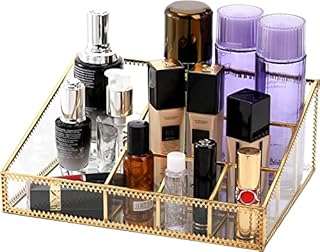 Jucoan Vintage Gold Makeup Organizer, Brass Metal and Glass Cosmetic Jewelry Display Case with 6 Compartment, Bathroom Vanity Dresser Countertop Makeup Holder for Brushes Lipsticks Skincare Toner