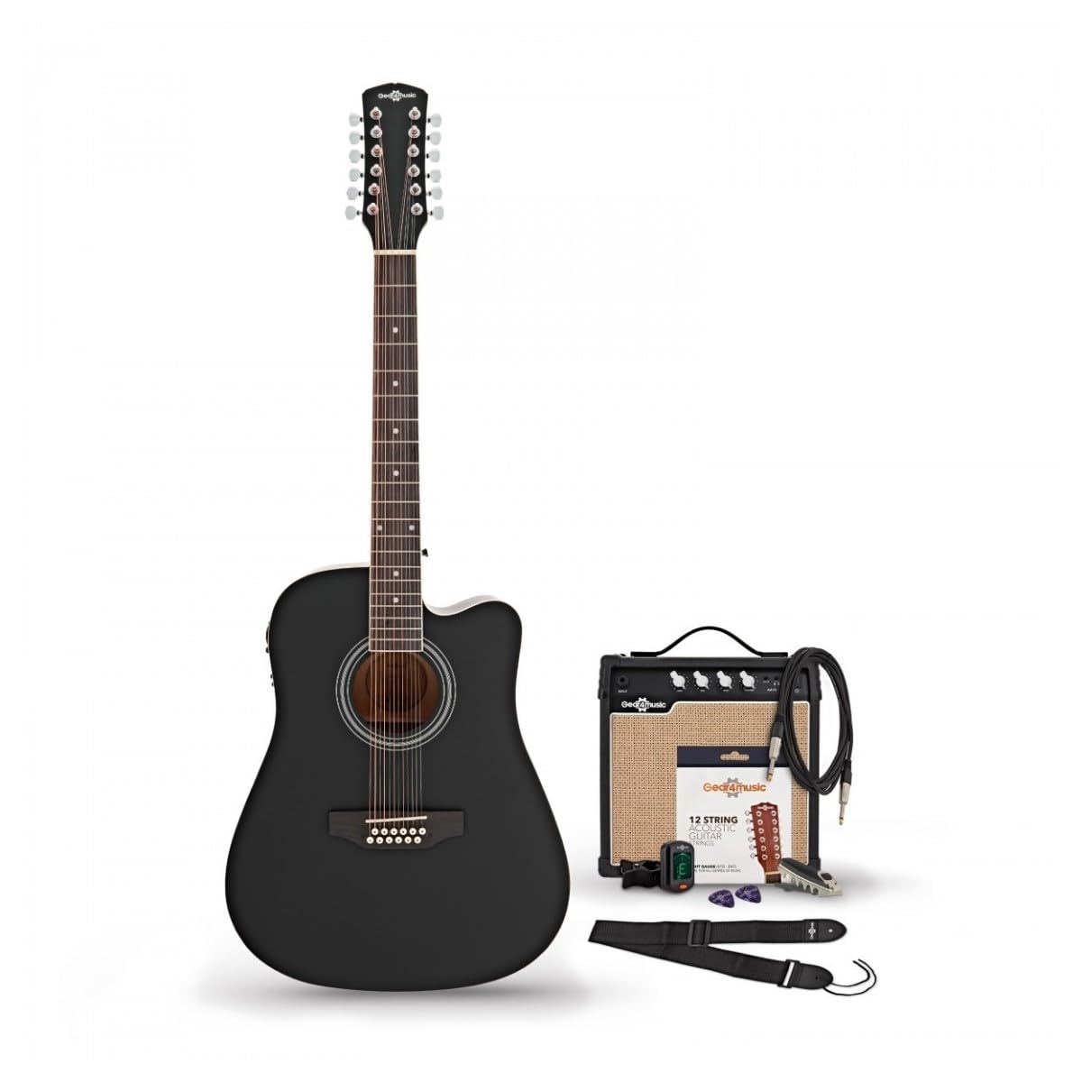 Kit Chitarra Elettroacustica 12 Corde Nera con Ampli | Preamplificatore completo con EQ 3 bande e controllo presenza, per principianti e suonatori esperti