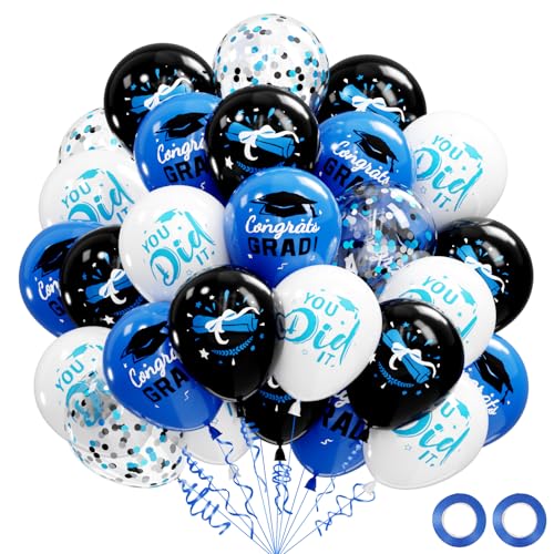 Image of Graduation Decorations 2026 - Graduation Balloons 62pcs 12 Inch Blue Black White Grad Print Latex Confetti Balloons for College High School Class of 2026 Congrats Grad Party Decor Supplies (Ribbon)