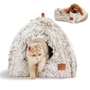 CATISM Cat Bed, Cat Cave for Indoor Cats, Soft Cat Dome, Self-Warming 2 in 1 Foldable Pet Cat House with Washable Cushioned Pillow Calming Fluffy Dog Beds for Small Dogs with Anti-Slip Bottom Brown