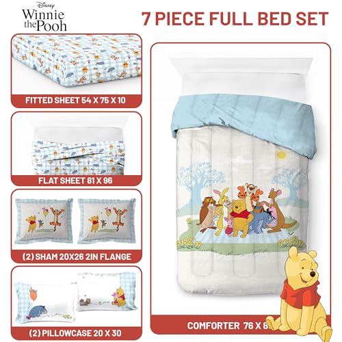 Image of Disney Winnie The Pooh Full Comforter Set 7 Piece Kids Bedding, White | Piglet Tigger, Bed in a Bag, Comforter Sheets Shams Pillowcases, Official Brand, Soft Microfiber, Machine Washable, Kids Gift