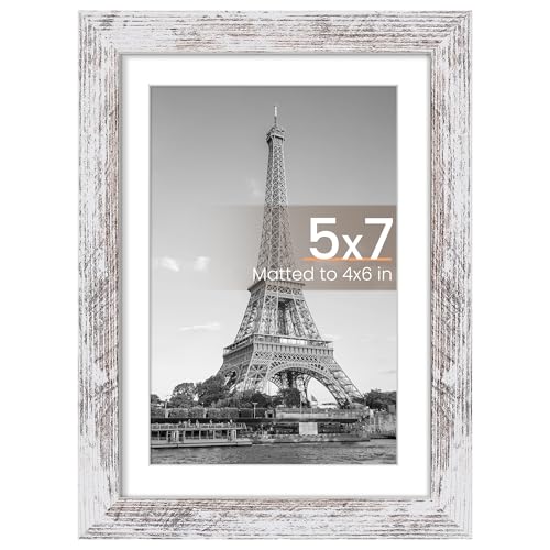 Image of upsimples 5x7 Picture Frame, Display Pictures 4x6 with Mat or 5 x 7 Without, Wall Hanging Photo Frames, Rustic White, 1 Pack