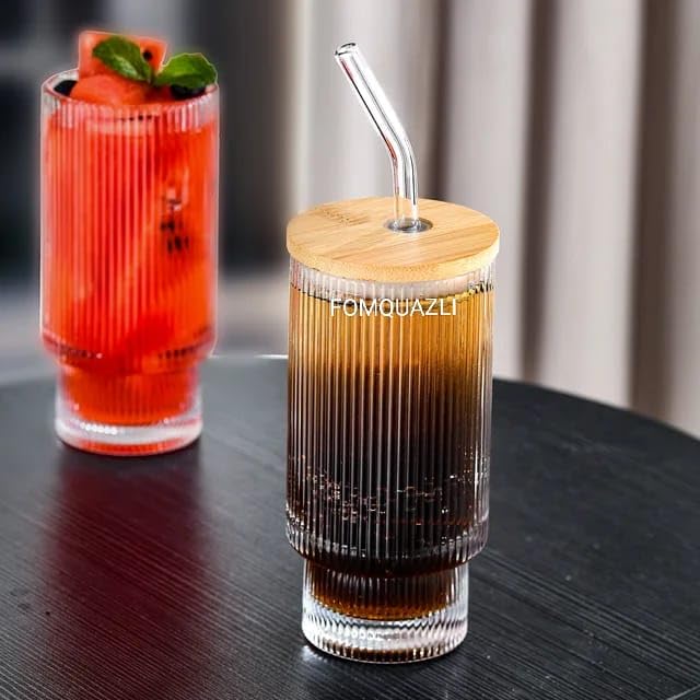 Image of 330ML Ribbed Glass Cup with Wooden Lid & Glass Straws Vintage Fluted Glassware Iced Coffee Cup, Coffee Bar Accessories for Whiskey Cocktail Beer Coffee Tea Tumbler 1Pcs