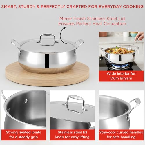 Image of Vinod Platinum Chef's Lagan Pot 28 cm - 7 Litre | Triply Stainless Steel Biryani Pot Heavy Bottom | Shallow Lagan Handi for Cooking Biryani | Healthy Triply Cookware, Induction Friendly, with Lid