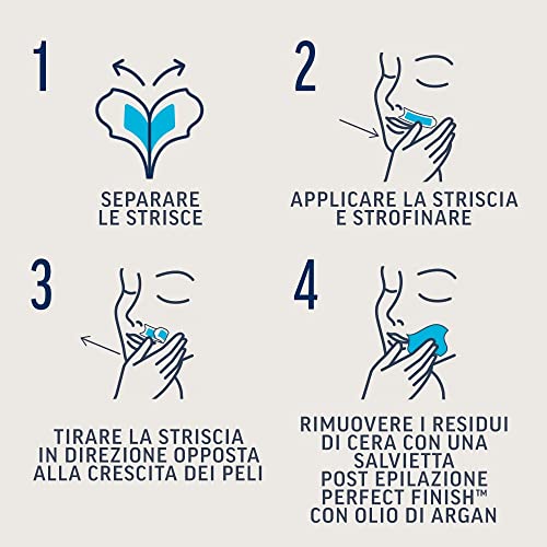 Veet Expert Strisce Depilatorie Viso, Ceretta per Pelli Sensibili con Olio di Mandorla, Dermatologicamente Testate, 36 Strisce (3x12 Strisce) + 6 Salviette Post-Epilazione con Olio D'Argan - Immagine 4