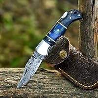 TATLA CRAFT Handgefertigtes Klappmesser aus Damaszenerstahl – Taschenmesser mit rasiermesserscharfer Klinge und Griff aus Olivenholz für Outdoor-Aktivitäten wie Camping und Wandern (Blue)