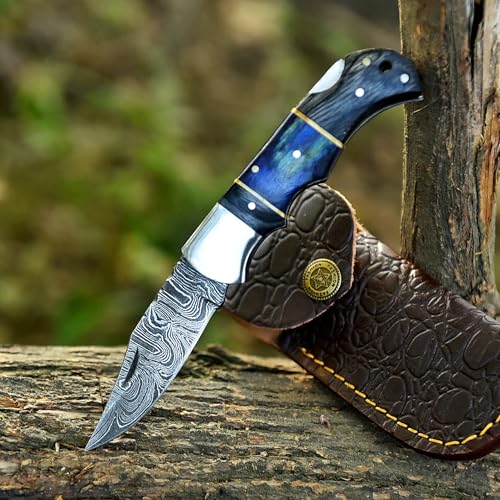 TATLA CRAFT Handgefertigtes Klappmesser aus Damaszenerstahl – Taschenmesser mit rasiermesserscharfer Klinge und Griff aus Olivenholz für Outdoor-Aktivitäten wie Camping und Wandern (Blue)