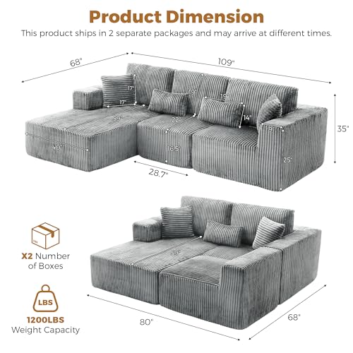 Image of 108 inch Boneless Couch for Living Room, L Shaped Modular Sectional Sofa