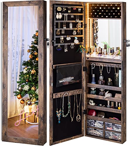 Luxfurni Mirror Jewelry Cabinet 79 Led Lights Wall-Mount/Door-Hanging Armoire, Lockable Storage Organizer W/Drawers (Rustic Brown) #TOP6