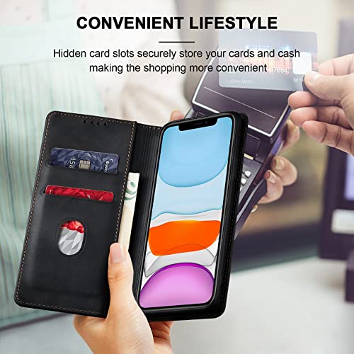 Image of Jasonyu Flip Wallet Case for iPhone 11,Leather Magnetic Folio Cover with Card Holder,Kickstand - TPU Shockproof Durable Protective Phone Case,Black