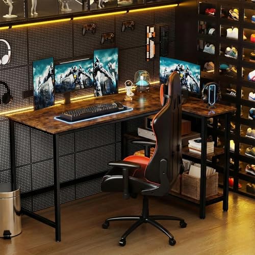 Image of L Shaped Reversible Desk| Gaming Table, Computer Corner Desk, Home Office Writing Desk with Shelf, Space-Saving Workstation Table| 130x90x75 cm| Rustic Brown