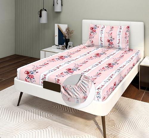 Image of RD TREND Presents Luxurious Glace Cotton Super Soft 210 TC 360 Elastic Fitted Bedsheets Single Bed Size (72 x 48 x 8 Inch) with 1 Pillow Cover Size (28 x18), Color- Peach, Floral