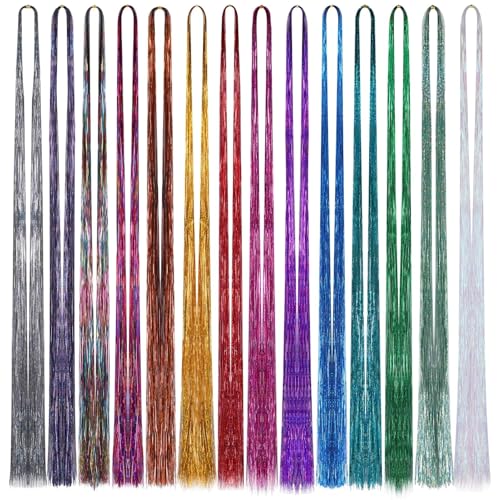 Huiguli 14 Colors 4200 Strands Hair Tinsel 35.5 Inches Hair Glitter Strands Shiny Colorful Straight Hair Extensions for Women Girls Party Cosplay Rainbow Hair Tinsel Kit (No Tools)