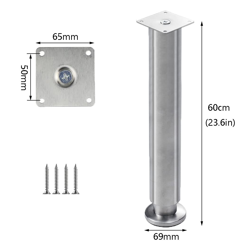 Regulowane nogi meblowe ze stali nierdzewnej 60 cm, 4 sztuki, wymienne nóżki do sofy, do biurka, stołów, szaf i łóżek, srebrne metalowe nogi podporowe
