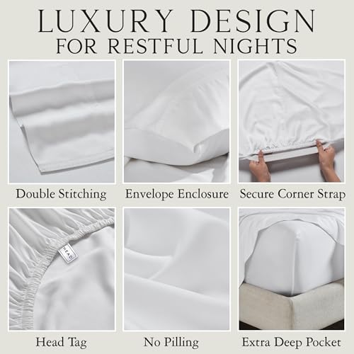 Image of KARISSA MAE Bamboo Viscose 34 inch Split Top King Size Sheet Set, FSC Certified | Single 34 inch Split Fitted Sheet | Sleep Number & Adjustable Bed | Cooling | 18 inch Deep Pocket w / Corner Straps [White]