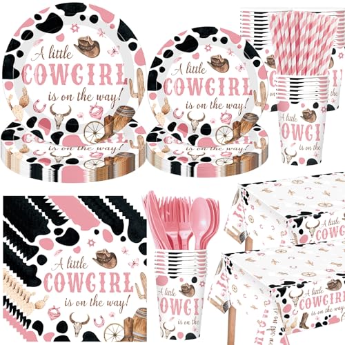 Image of Funnymoom 452 Pcs Cowgirl Baby Shower Party Decorations Include a Little Cowgirl Is on the Way Paper Plates Napkins Cups Tablecloth Cutlery Straws for Baby Shower Party Supplies