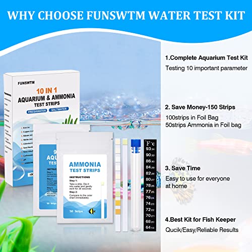 150Pcs Aquarium Ammonia Test Strips, 10 In 1 Ammonia Test Kit For Aquarium Water Test Kit For Freshwater Saltwater Fish Tank Water Testing Kit To Monitors Ammonia Ph Nitrite Nitrate Kg Gh And More #TOP3