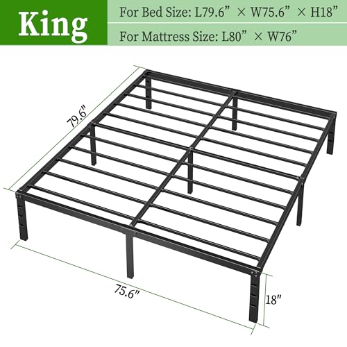 Image of Metal Platform Bed Frame King Size, 18 Inch Height with Heavy Duty Steel Support, No Box Spring Needed, Easy Assembly and Underbed Storage,Black