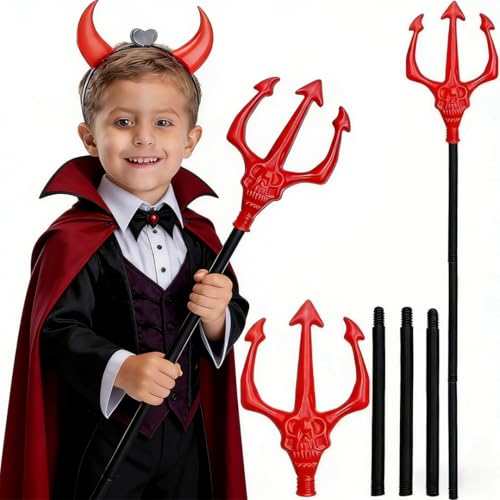 Shyllin 105 cm Teufelsgabel Teufels-Heugabel-Kostümzubehör Rot Teufel Kostüm mit Abnehmbarem Dreizack Dreizack Teufel Geisterkopf-Spleiß-Requisite für Halloween Karneval Bühnenauftritte