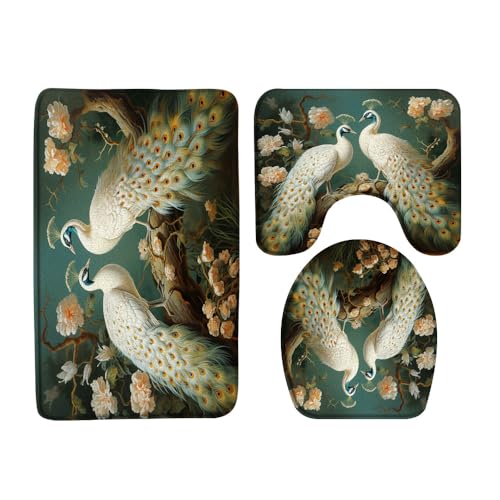 3PCS Peacock Bath Mat Set White Feather Beautiful Animal Blooming Flower Plant Classic Vintage Asian Bathroom Kitchen Floor Mat Doormat,Toilet Lid Cover and Bath Mat Microfiber Home Decoration Rug